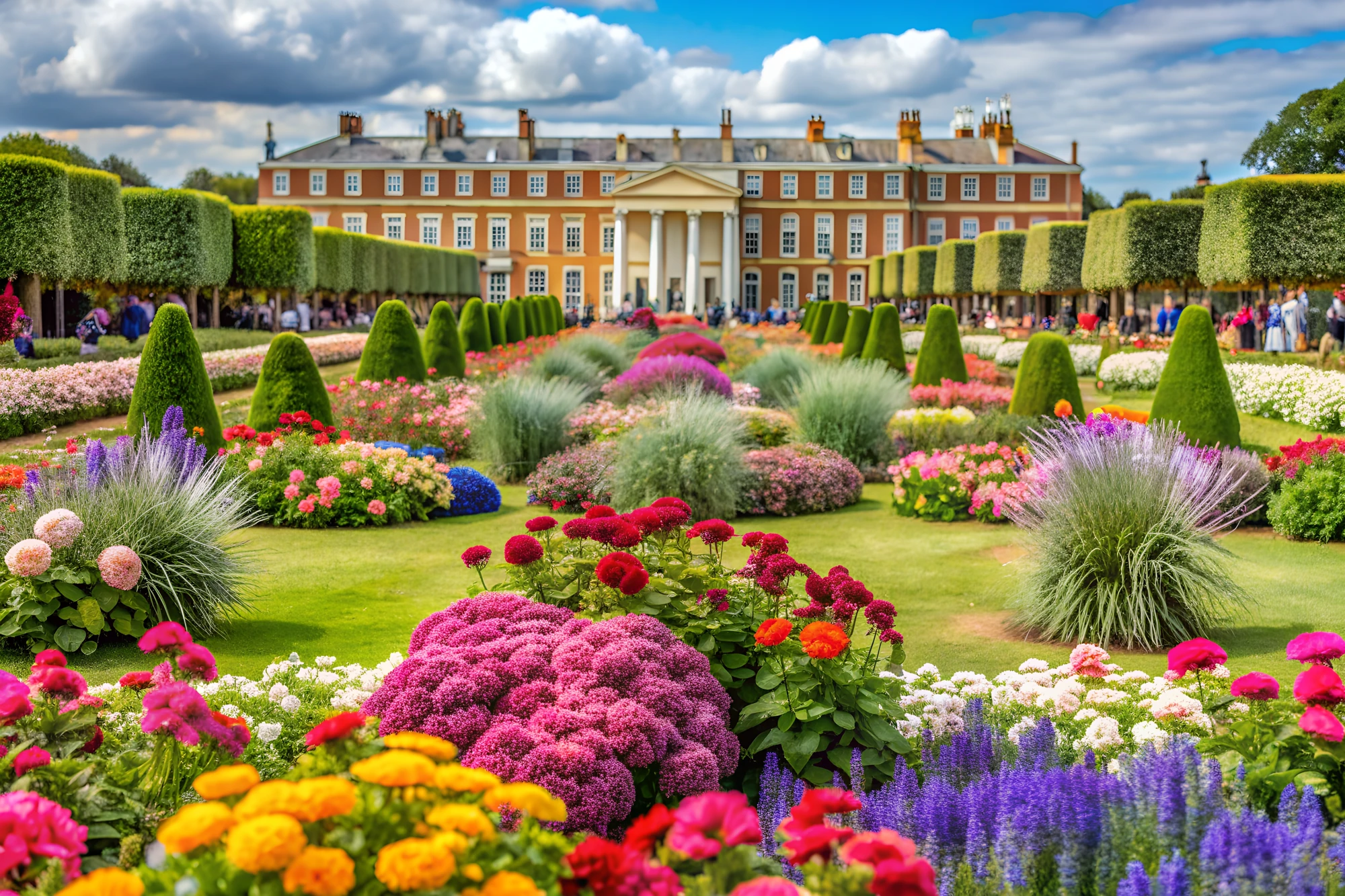 Blick auf den Park mit sommerlichen bunten Blumen und dem Hampton Court Palast bei London im Hintergrund