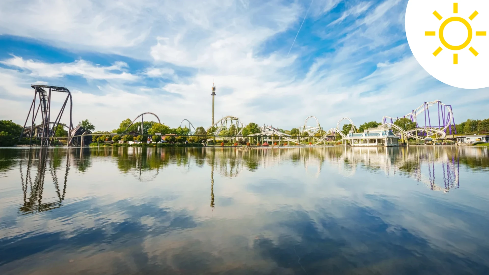 Heide Park Soltau Achterbahn Krake mit Blick ĂĽber See mit Icon