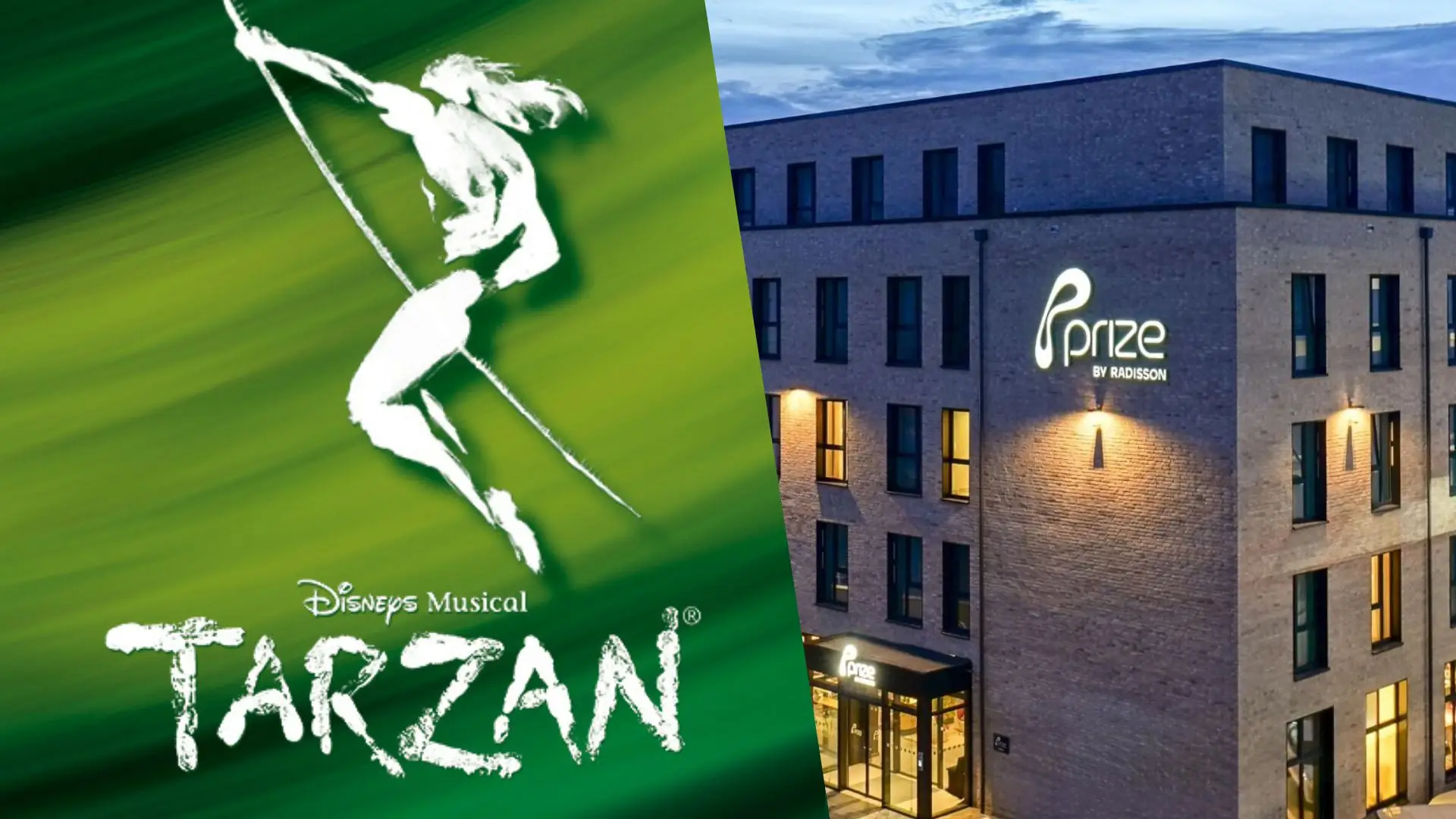 Silhouette von Tarzan mit ausgestrecktem Arm und Liane vor grünem Hintergrund. Rechts ist ein beleuchtetes Gebäude mit dem Schriftzug 'prize BY RADISSON'