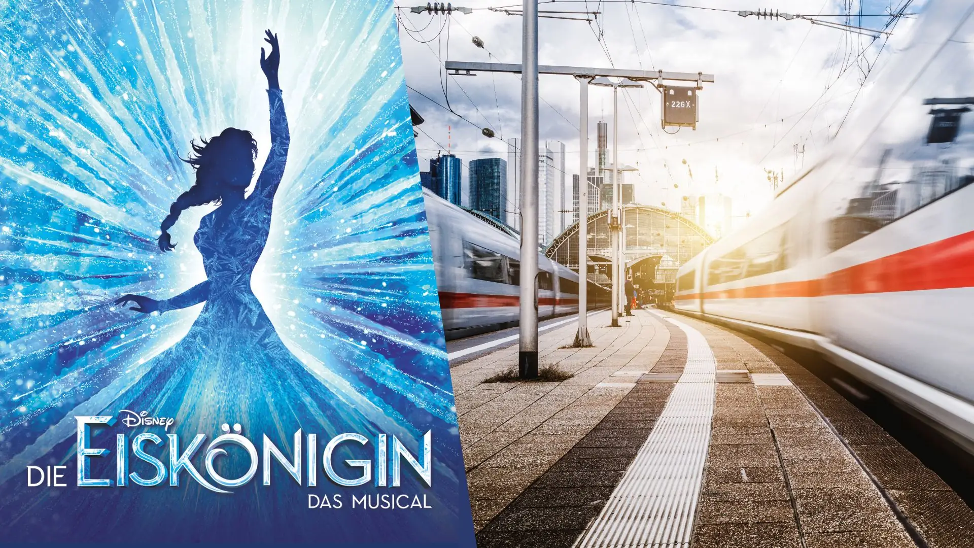 Links Logo von der Eiskönigen, eine Frau in einem blauen Kleid vor einem strahlenförmigen Hintergrund, rechts ein moderner Bahnhof mit zwei einfahrenden Hochgeschwindigkeitszügen
