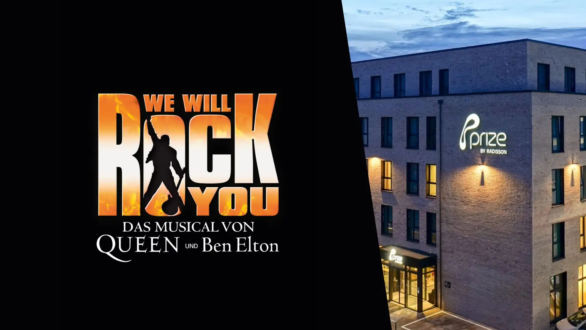 Links das Logo des Musicals »We Will Rock You« mit der Silhouette einer singenden Person, rechts ein modernes Gebäude mit beleuchtetem Schriftzug »prize by Radisson« an der Fassade