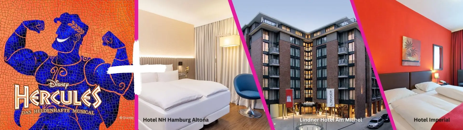 Musical Disneys Hercules + Hotel Motiv. Musical Logo und 3 Bilder verschiedener Hotels, die zur Auswahl stehen