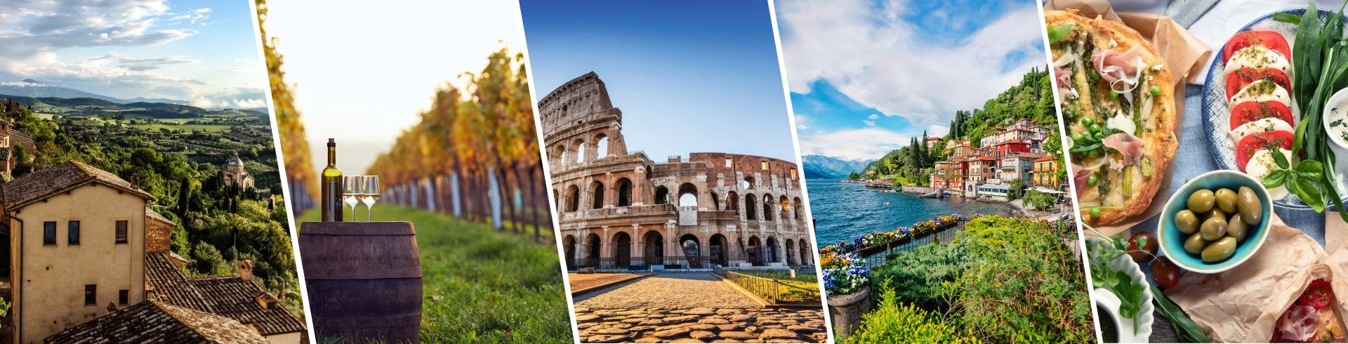 Italien Impressionen, alte Stadt im Sonnenuntergang, Wein und Weinberge, Colluseum in Rom, Meeres Blick mit kleinem italienischem Dorf, typisch italienisches Essen