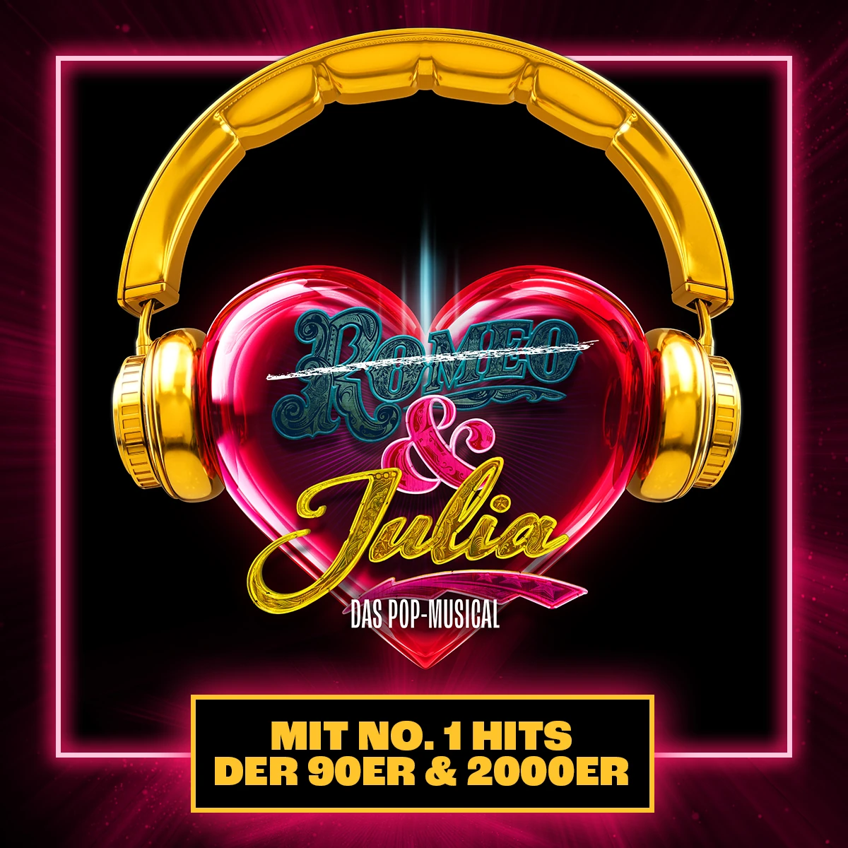Eine lebendige Grafik mit einem glänzenden goldenen Kopfhörer über einem Herz, die für „Romeo & Julia: Das Pop-Musical“ mit Hits aus den 90er und 2000er Jahren wirbt.
