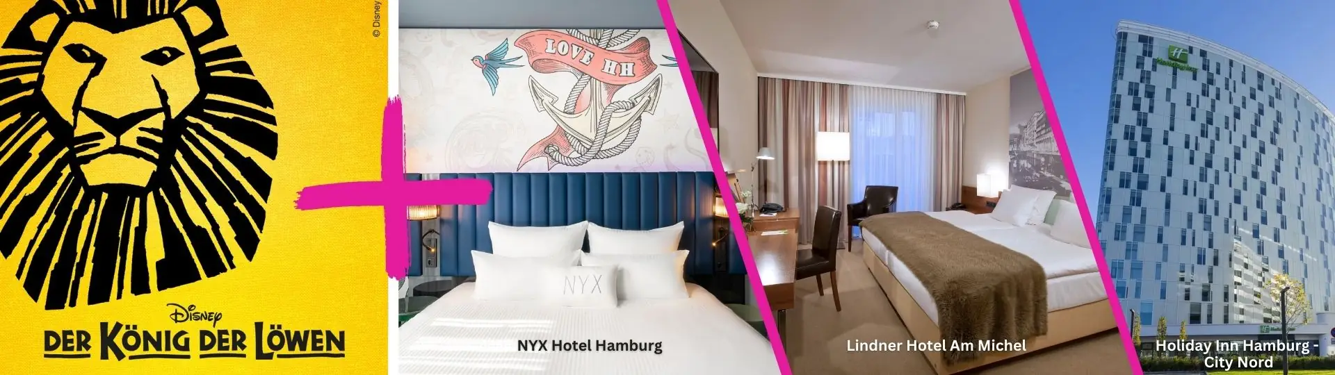 Musical Disneys Der König der Löwen + Hotel Motiv. Musical Logo und 3 Bilder verschiedener Hotels, die zur Auswahl stehen