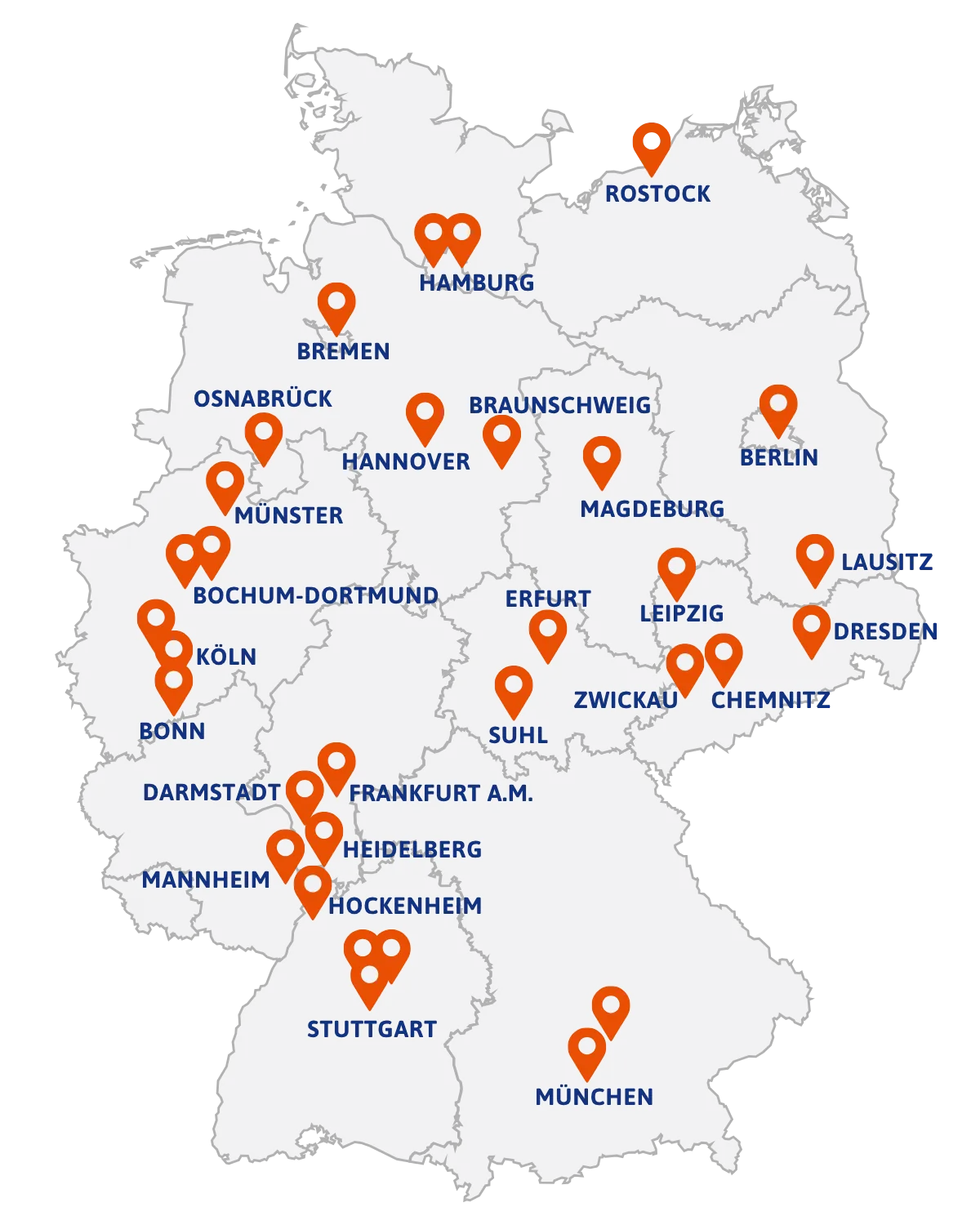 Karte von Deutschland mit Städten und Standorten