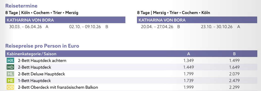 Preisliste für 8-tägige Reisen mit Routen Köln-Cochem-Trier-Merzig und Merzig-Trier-Cochem-Köln mit Kabinenkategorien und Preisen in Euro pro Person.