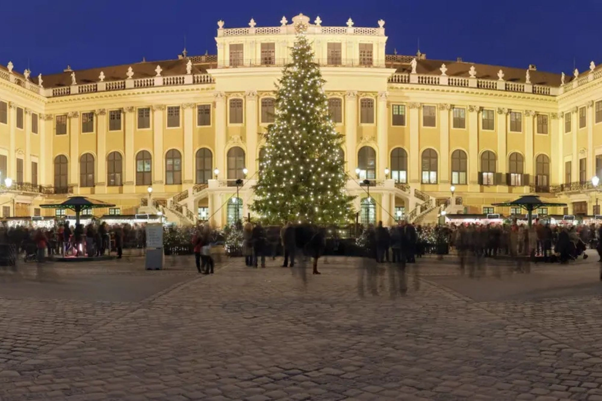Schloss Schönbrunn beleuchtet im Winter mit Weihnachtsbaum Blickfang