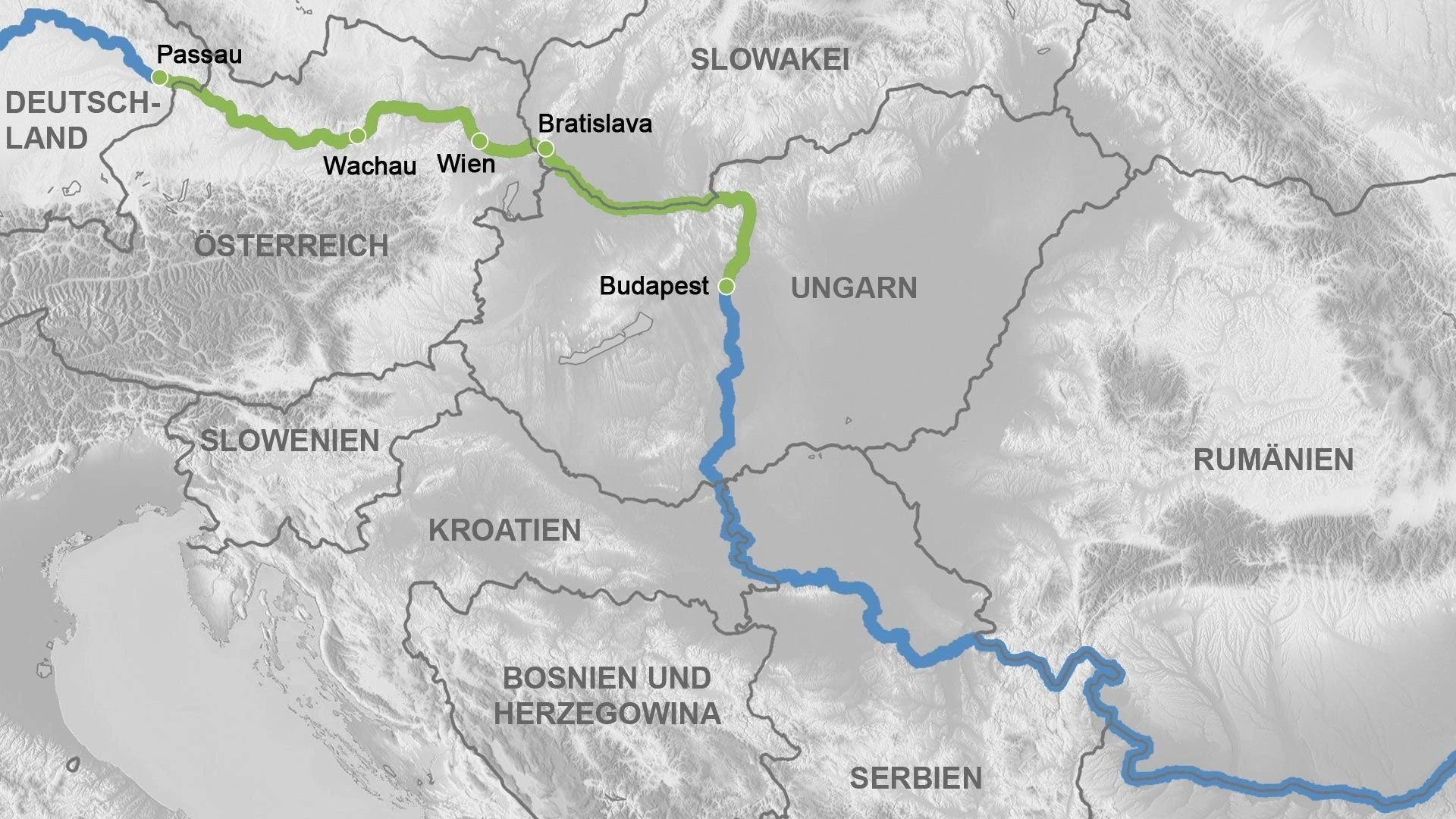 Karte der Donau von Passau nach Budapest