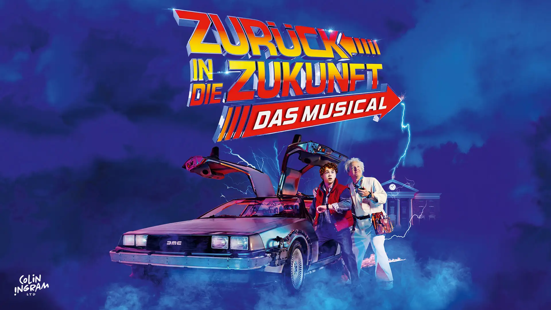 Zurück in die Zukunft – Das Musical, Keyvisual, Marty McFly & Doc Brown am DeLorean darüber Musical-Schriftzug in Großbuchstaben - Querformat.