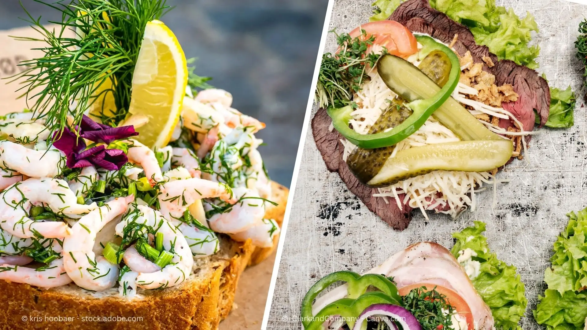 Links ein Krabbensandwich mit Dill, Zitronenscheibe und roten Zwiebeln auf Vollkornbrot. Rechts ein Smørrebrød mit Roastbeef, Gurkenscheiben, Paprika, Tomate, Käse und Salatblättern auf Roggenbrot.