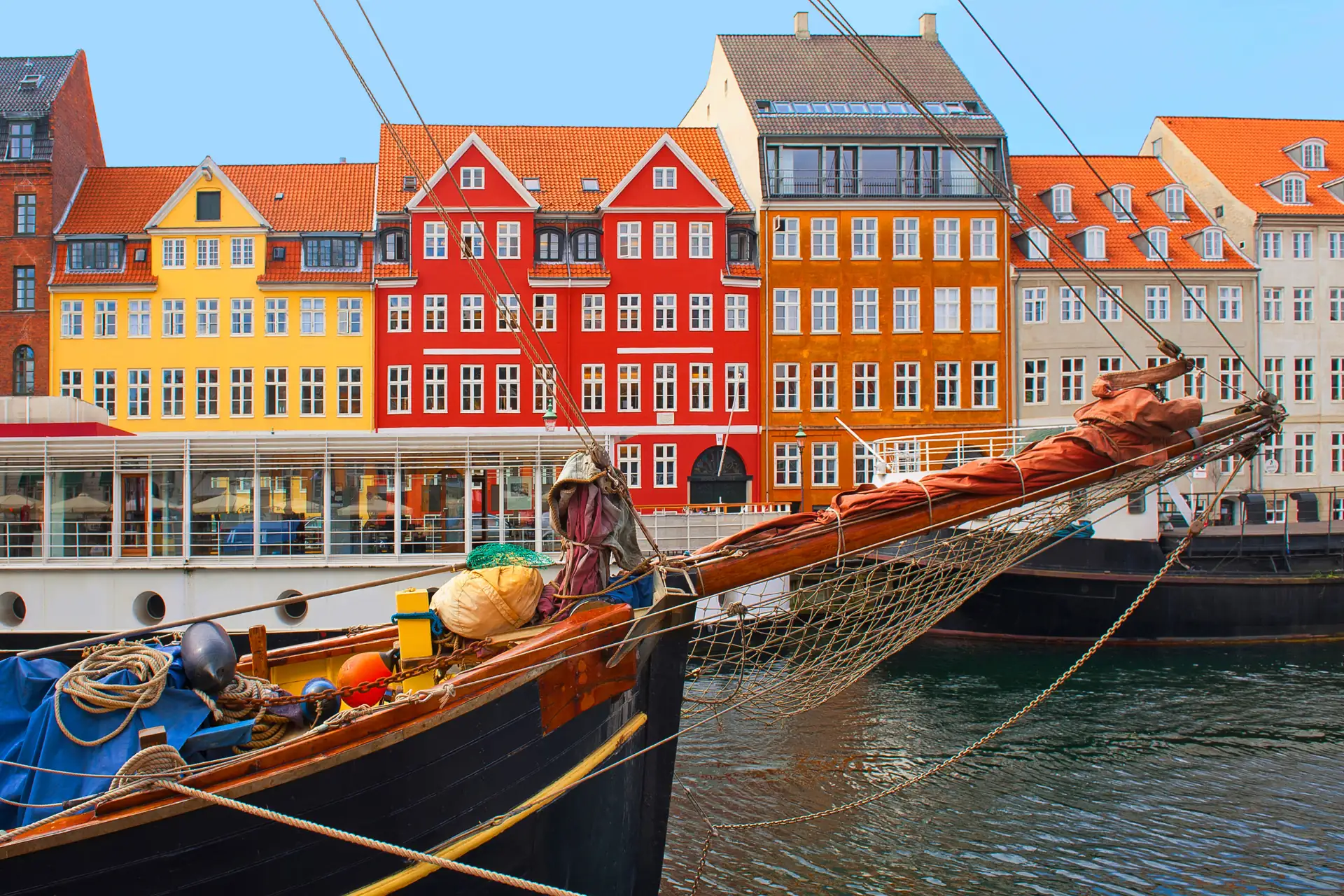Städtereisen Länder Europa Kopenhagen von Wasser mit einem Bootsmast im Vordergrund und den bunten Häusern Kopenhagens am Flussufer