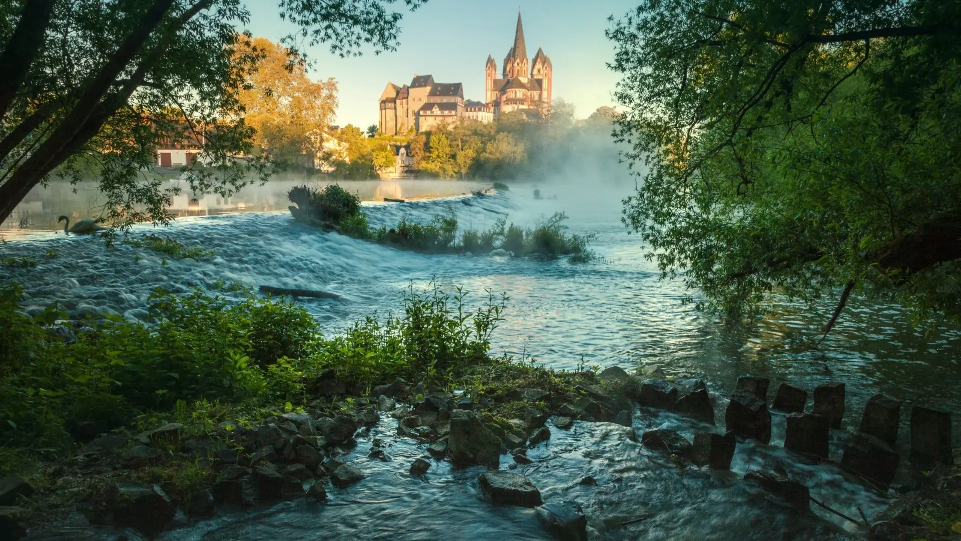 Fluss mit Wasserfall und dichter Vegetation im Vordergrund, im Hintergrund die Altstadt von Limburg mit der markanten Kathedrale bei klarem Himmel.