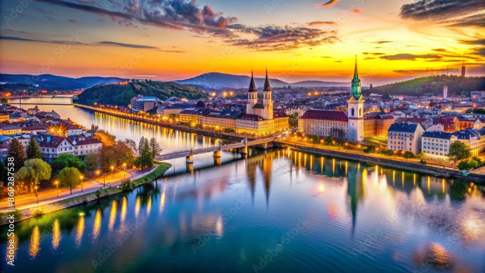 Panoramablick auf die Stadt bei Sonnenuntergang mit reflektierendem Wasser