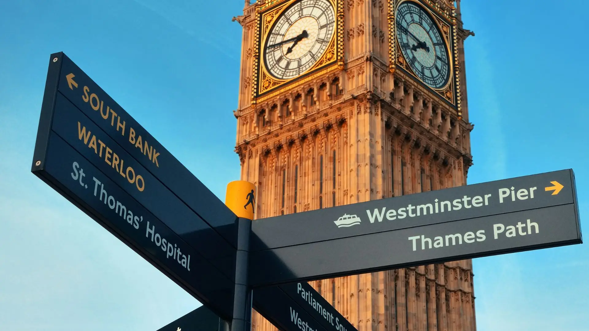 Wegweiser mit Zielen South Bank, Waterloo, St. Thomas' Hospital, Westminster Pier und Thames Path vor dem Uhrturm Big Ben in London.