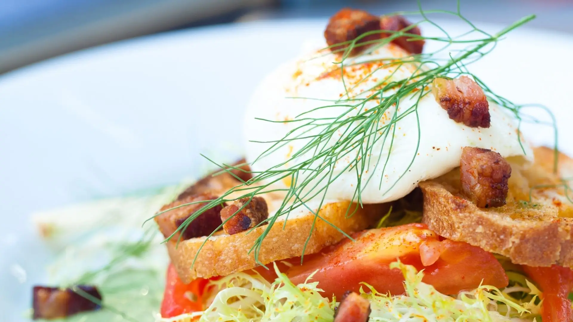 Lyoner Salat mit knusprigen Speckwürfeln, Tomatenscheiben, Salatblättern und Dillzweigen auf weißem Teller.