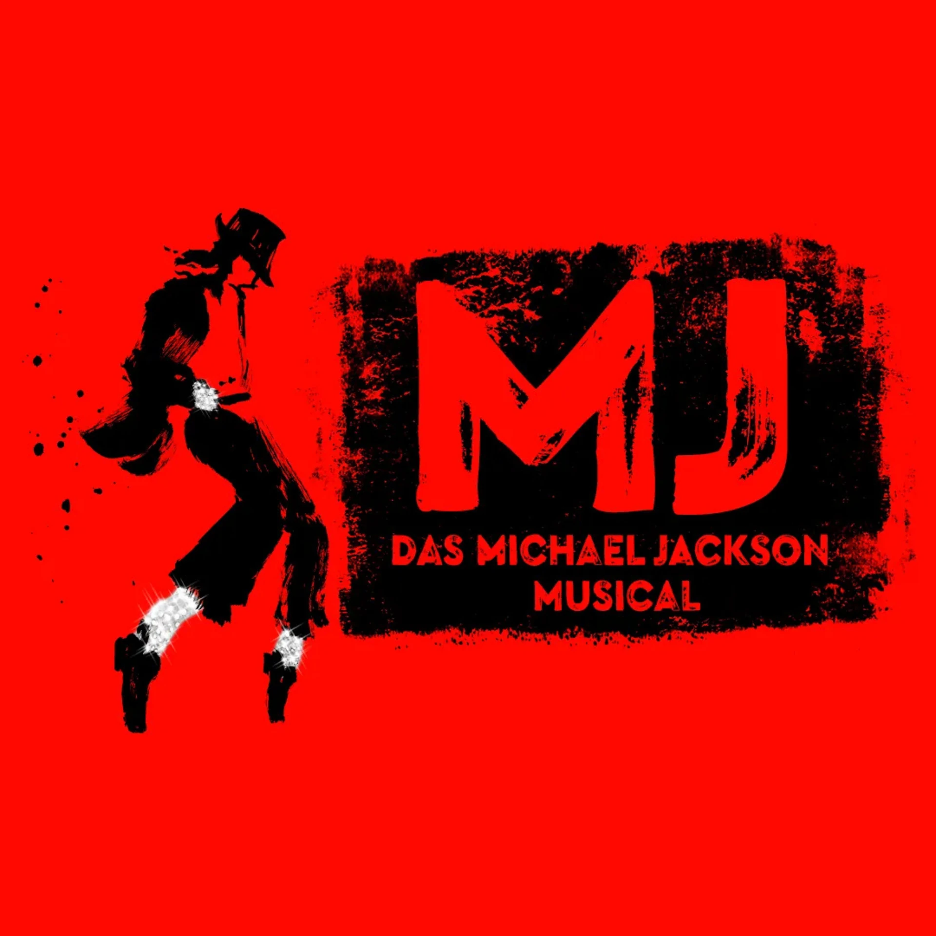 Tänzer der Michael Jackson darstellt vor rotem Hintergrund, mit der Aufschrift „MJ Das Michael Jackson Musical“ in fetten, schwarzen Buchstaben.