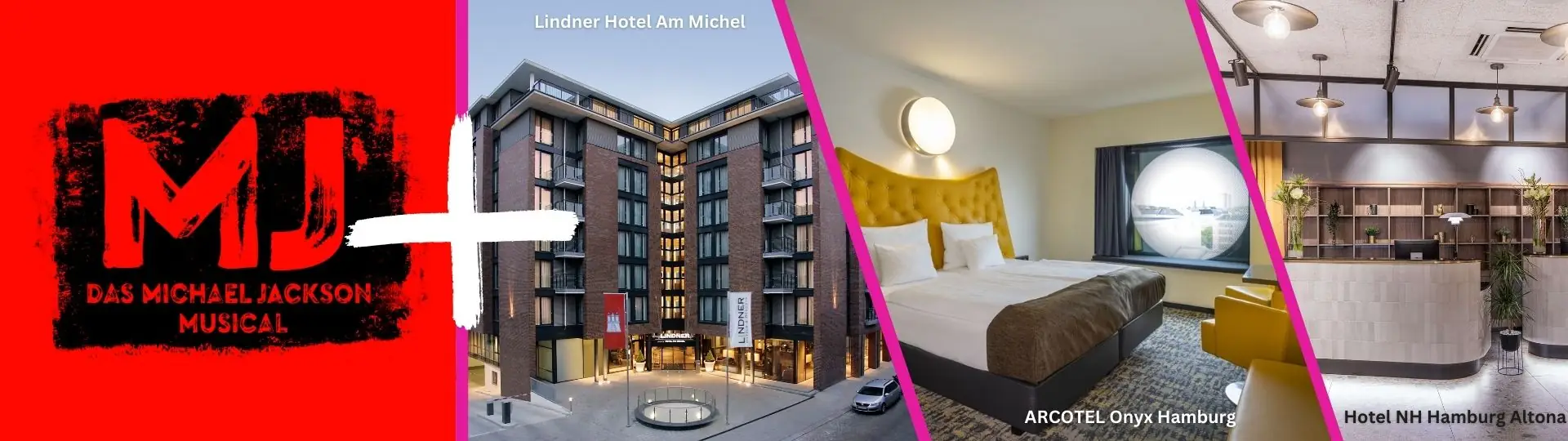 Musical MJ + Hotel Motiv. Musical Logo und 3 Bilder verschiedener Hotels, die zur Auswahl stehen