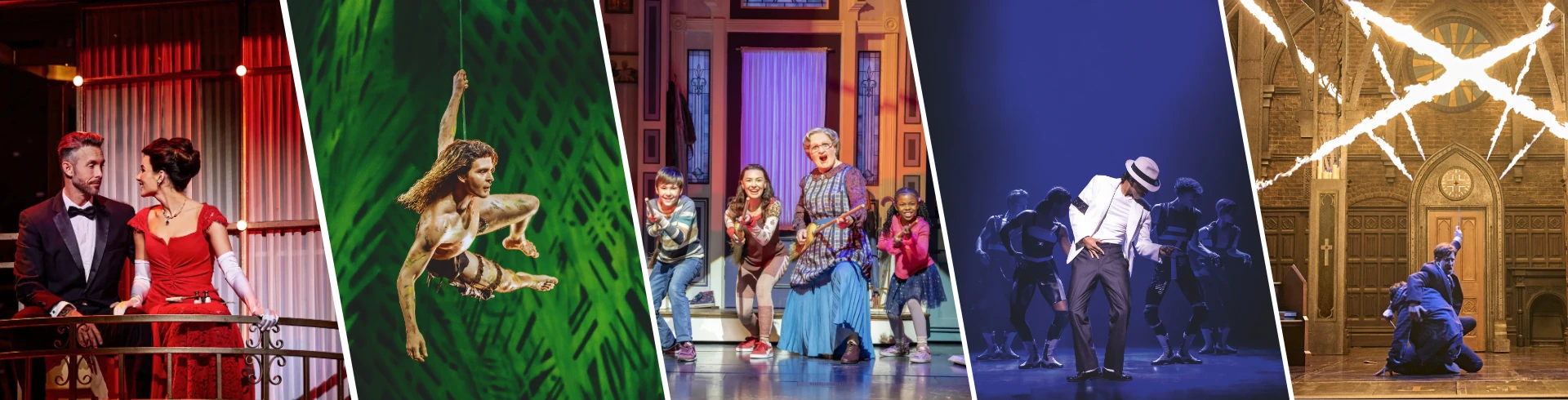 Fünf Szenen aus Musicals mit Schauspielern in verschiedenen Kostümen und Bühnenbildern, darunter ein Paar in Abendkleidung, eine Akrobatin an Tüchern, eine Gruppe singender Darsteller, ein Tänzer mit Hut und eine Gruppe vor einem beleuchteten Kreuz.