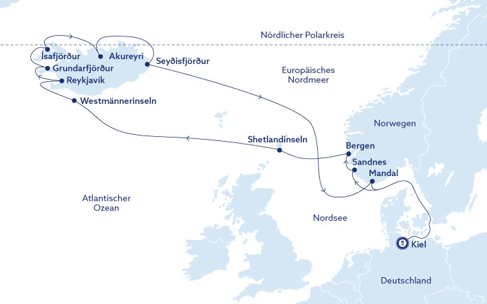 Route Island und Norwegen mit der Vasco da Gama in weiß und blau