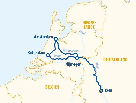 Karte mit Flussverlauf von Köln über Nijmegen, Rotterdam bis Amsterdam in den Niederlanden, angrenzend an Belgien und Deutschland.