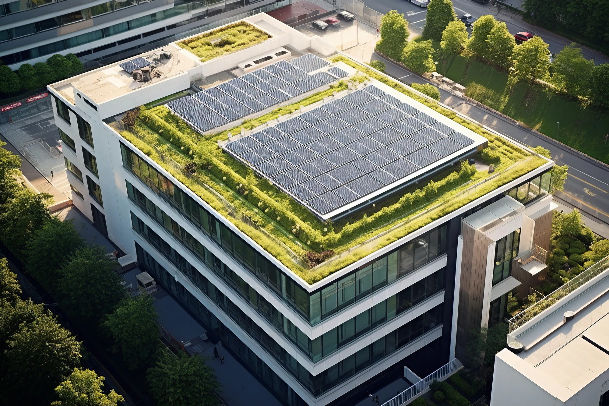 Nachhaltige Hotels Modern green roof adorned with vibrant plants, complemented by strategically positioned solar panels for energy efficiency, creating a beautiful contrast.