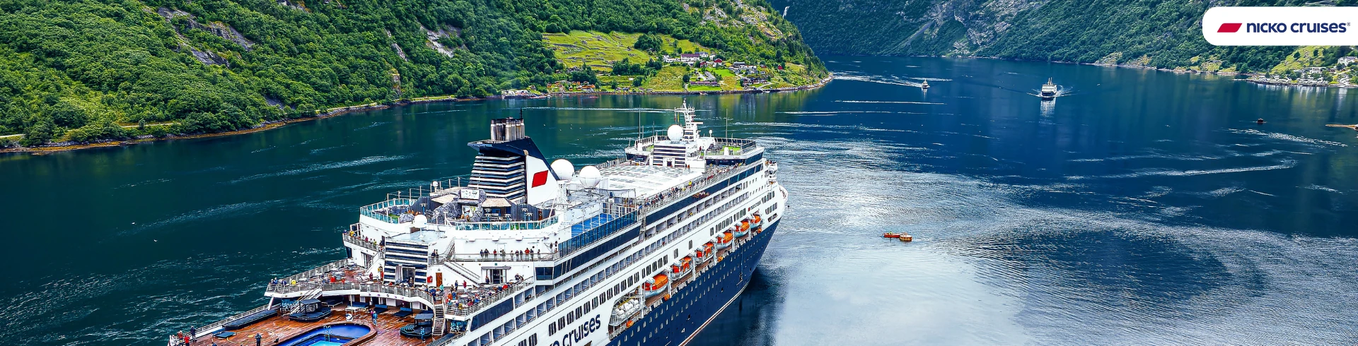 Ein Kreuzfahrtschiff, die Vasco da Gama, liegt im Fjord Norwegens. Umgeben von grünen Bergen und kleinen Siedlungen am Ufer.
