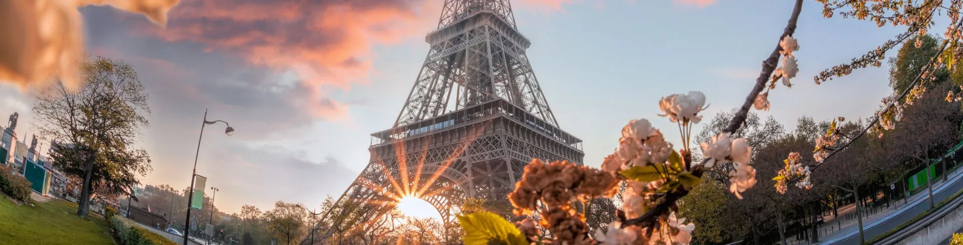 Eiffelturm bei Sonnenuntergang mit blühenden Kirschblüten im Vordergrund