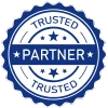 Blau Siegelstempel mit dem Text 'Trusted Partner' in der Mitte und 'Trusted' oben und unten