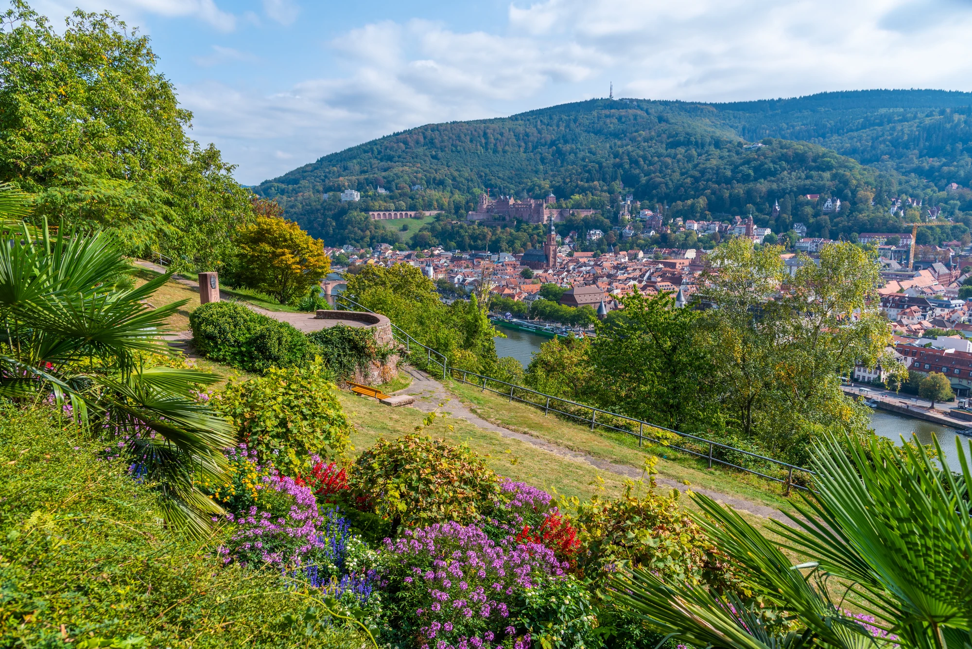 Garten am Philosophenweg mit Blick über den Neckar und auf die Stadt bei Heidelberg Urlaub