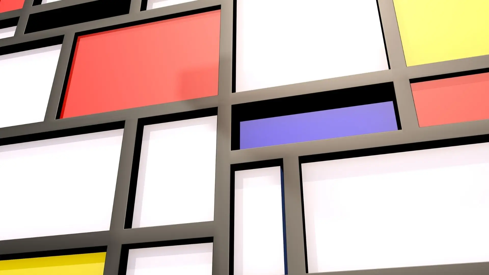 Abstrakte Komposition mit schwarzen Linien, gefüllten Rechtecken in Rot, Gelb, Blau und weißen Flächen, inspiriert von Piet Mondrian.
