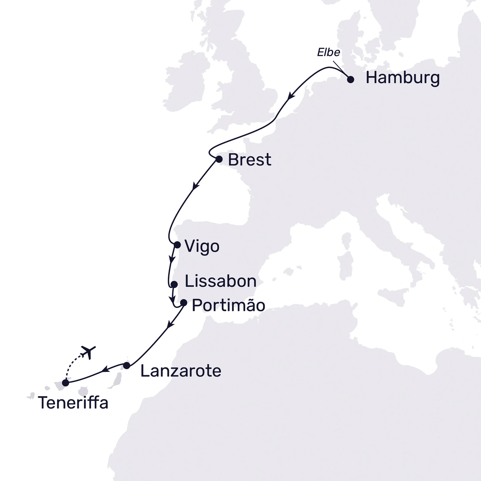 Reiseroute der MS Hamburg Hamburg bis Teneriffa