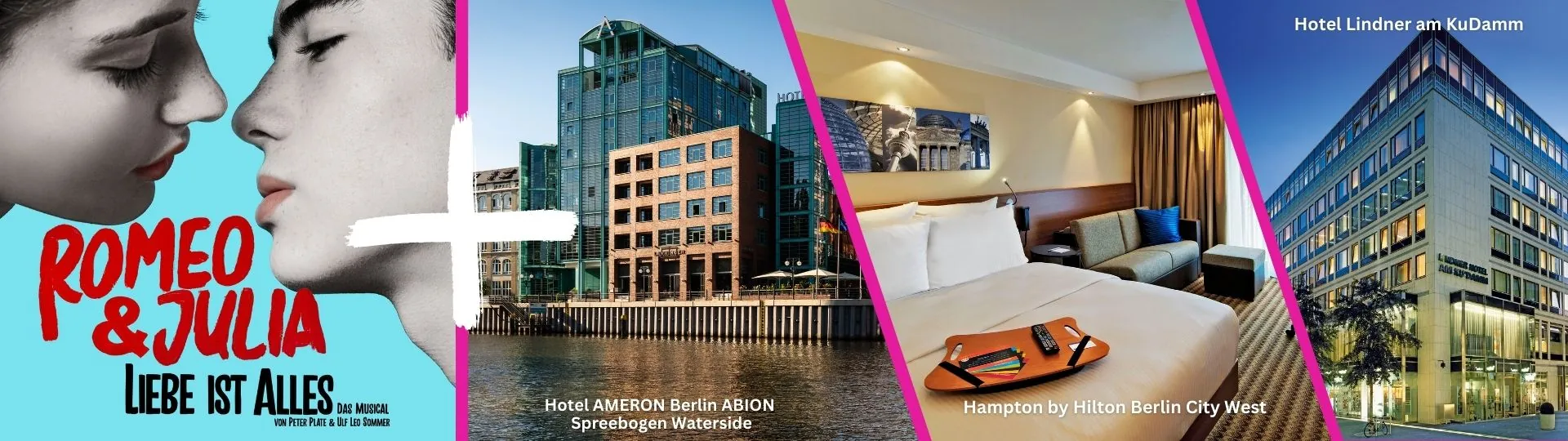 Musical Romeo und Julia + Hotel Motiv. Musical Logo und 3 Bilder verschiedener Hotels, die zur Auswahl stehen
