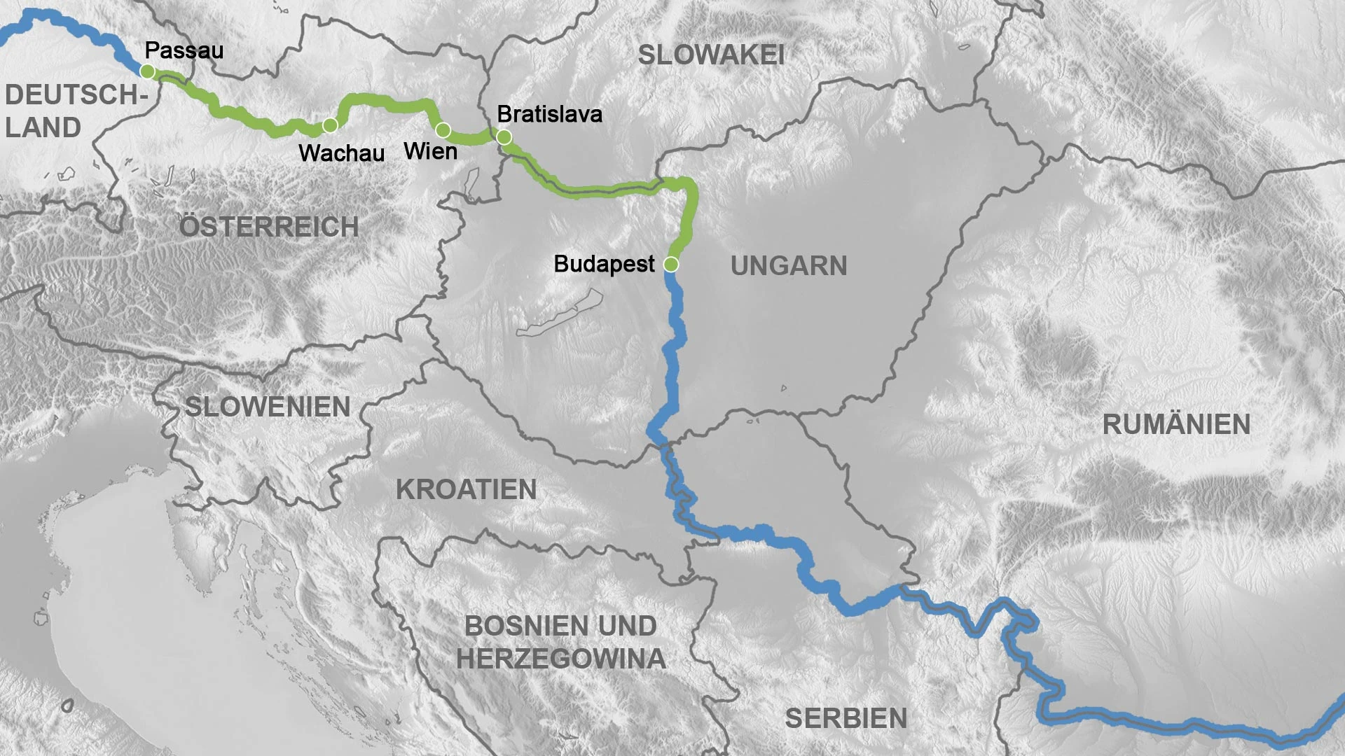 Karte der Donau von Passau nach Budapest