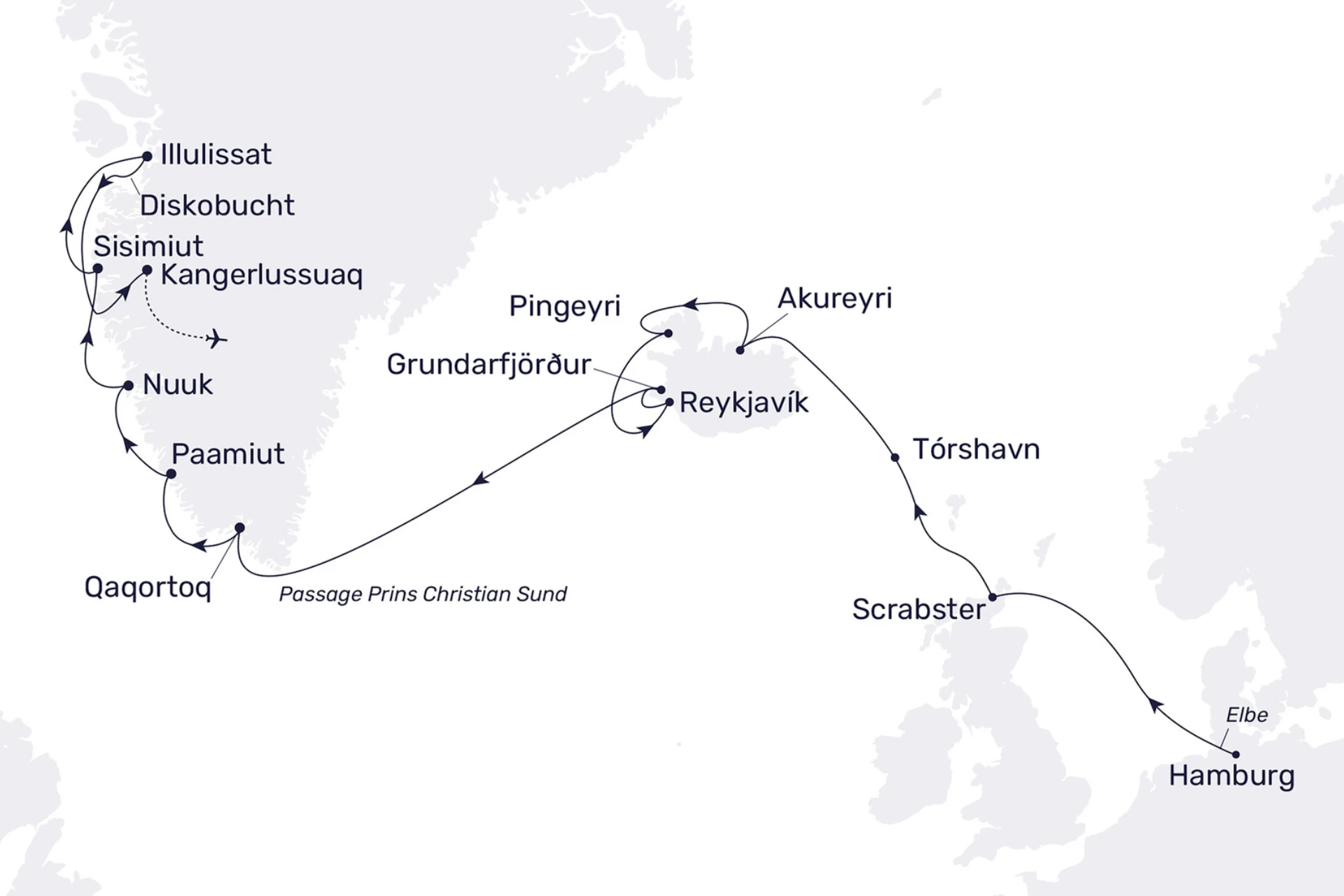 Kreuzfahrt Arktis mit Plantours, Route mit einzelnen Stationen in weiß, grau und schwarz