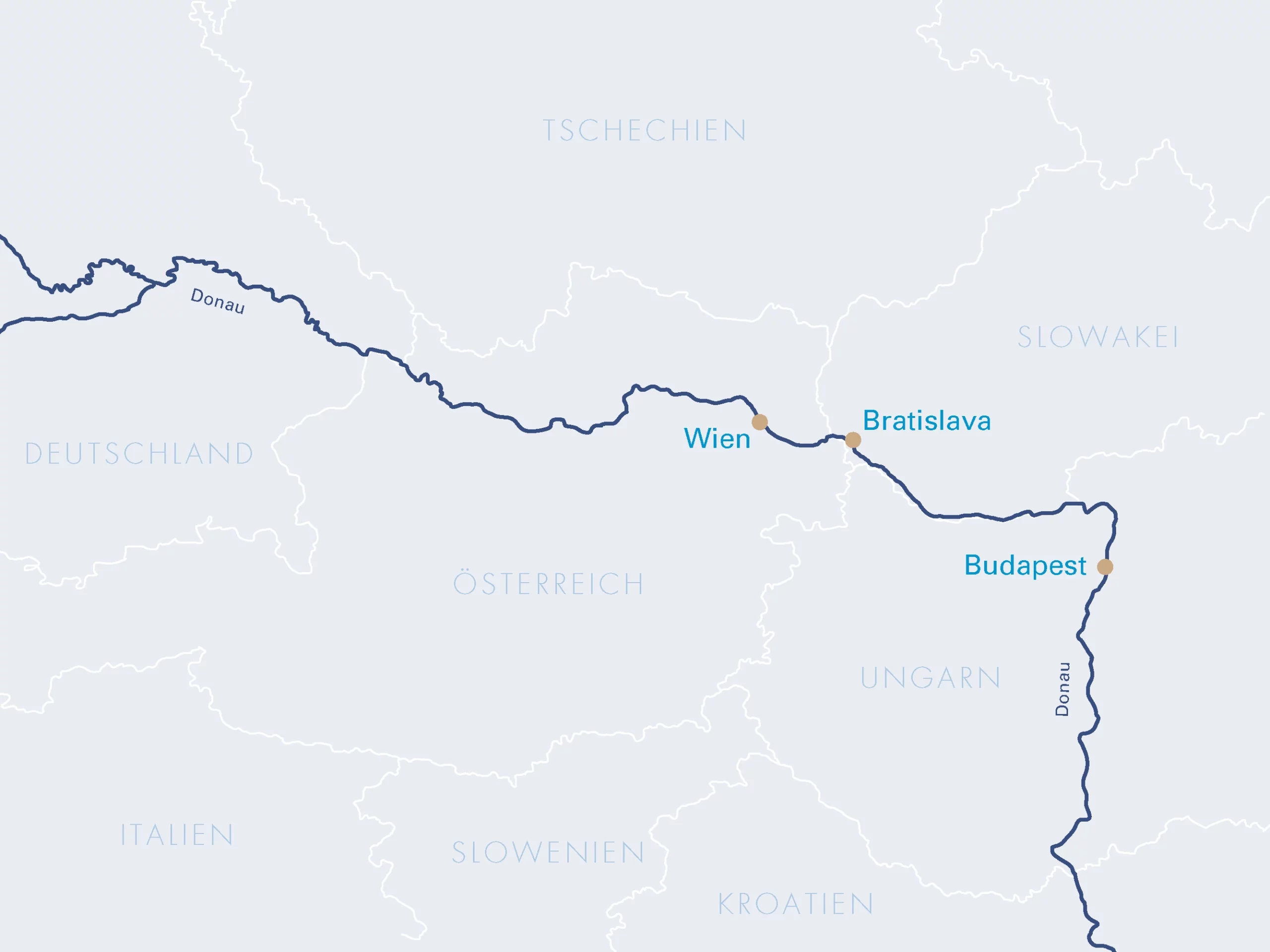 Routenverlauf auf der VIVA TWO mit den Städten und der Donau auf grauem Grund