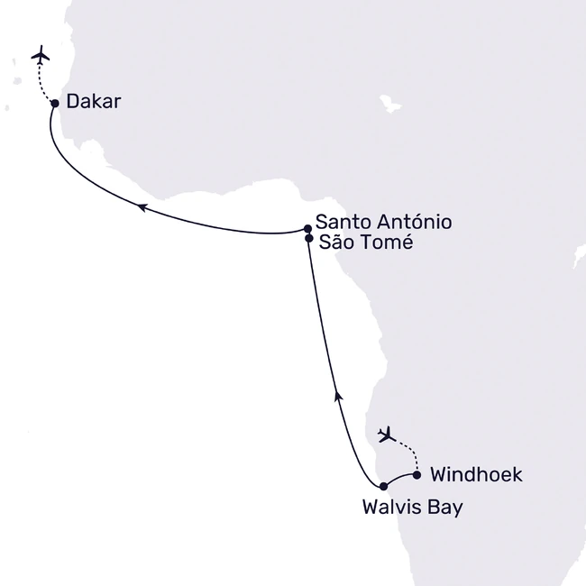 Reiseroute der MS Namibia bis Senegal Schwarz-weiße Linienzeichnung einer Reiseroute von Walvis Bay über Windhoek und Santo António nach Dakar mit Flugzeug-Symbolen an Start- und Endpunkten.