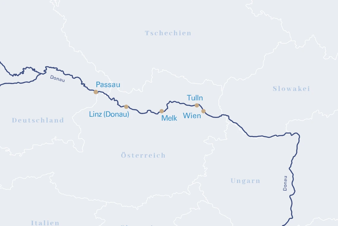 Routenverlauf auf der VIVA TWO mit den Städten und der Donau auf grauem Grund