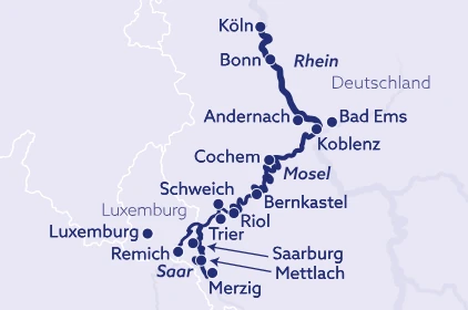 Karte mit Flussverlauf und Städtenamen entlang der Mosel und Saar von Köln bis Luxemburg