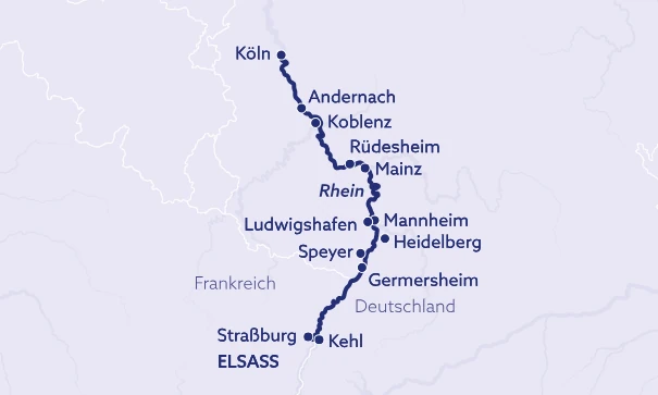 Flusskreuzfahrtkarte am Rhein mit allen Stops der Tour