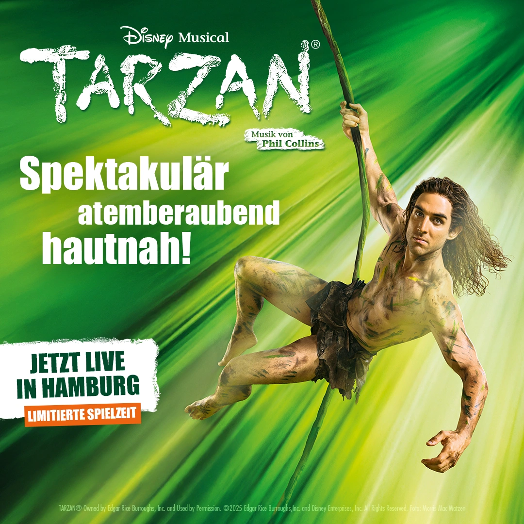 Disneys Musical Tarzan Logo - schwingender Tarzan vor grünem Hintergrund - Musik von Phil Collins