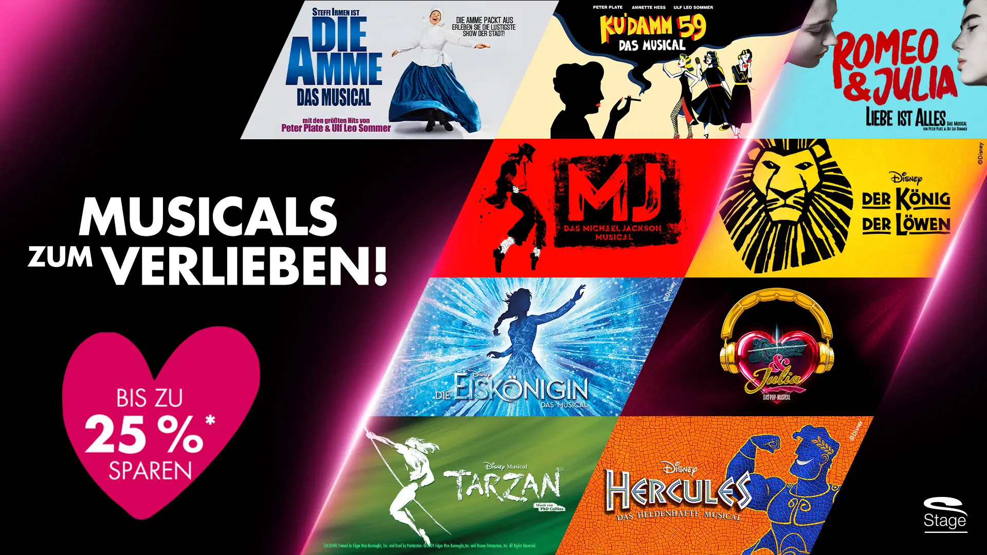 Logos für die Musicals Die Amme, Ku'damm 59, Romeo & Julia, MJ, König der Löwen, Die Eiskönigin, &Julia, Tarzan und Hercules auf dunklem Hintergrund. Daneben in weißen Buchstaben 
