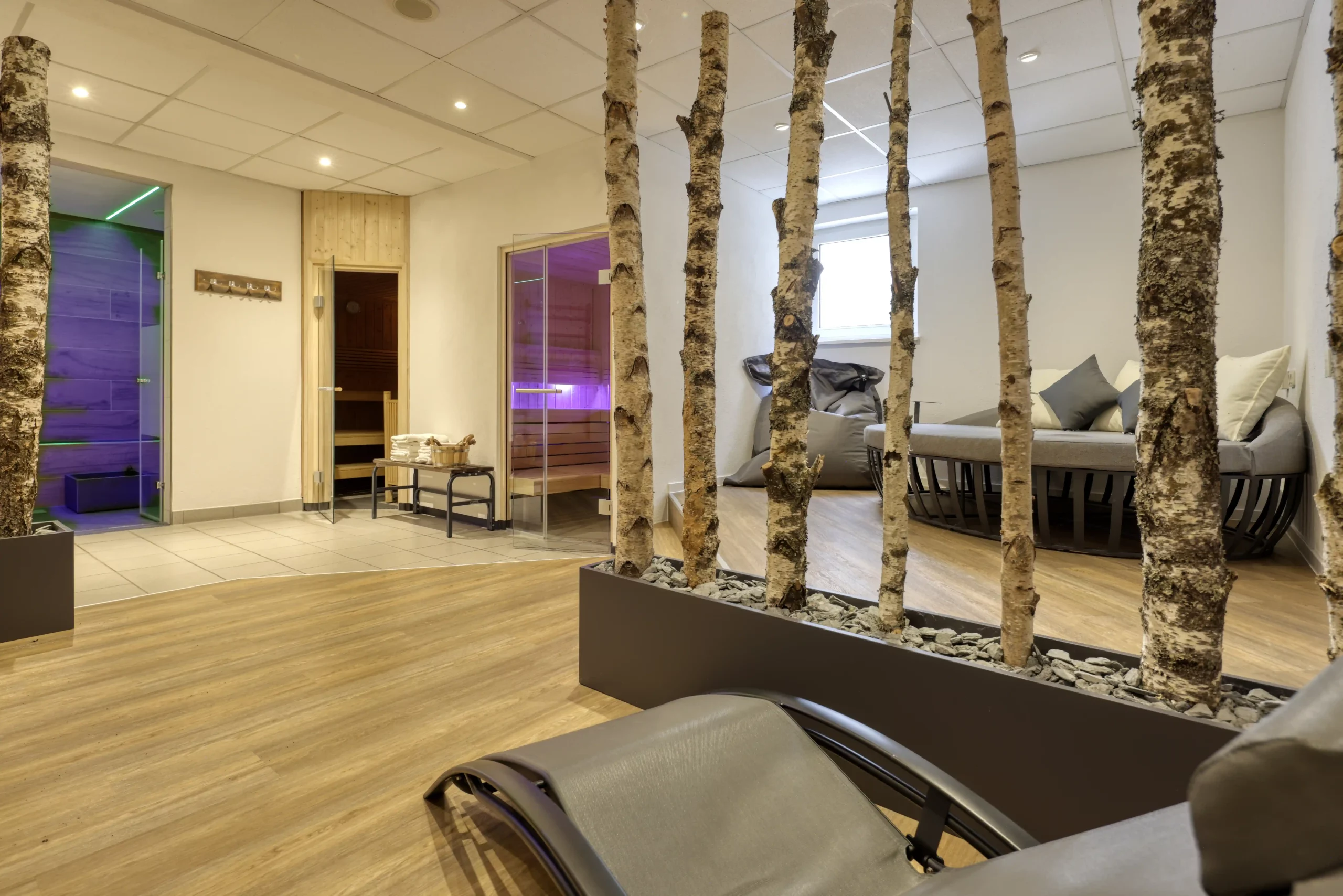 Moderner Wellnessbereich mit Holzfußboden, Birkenstämmen als Raumteiler, Liegen und Sitzgelegenheiten im Hotel Imhof