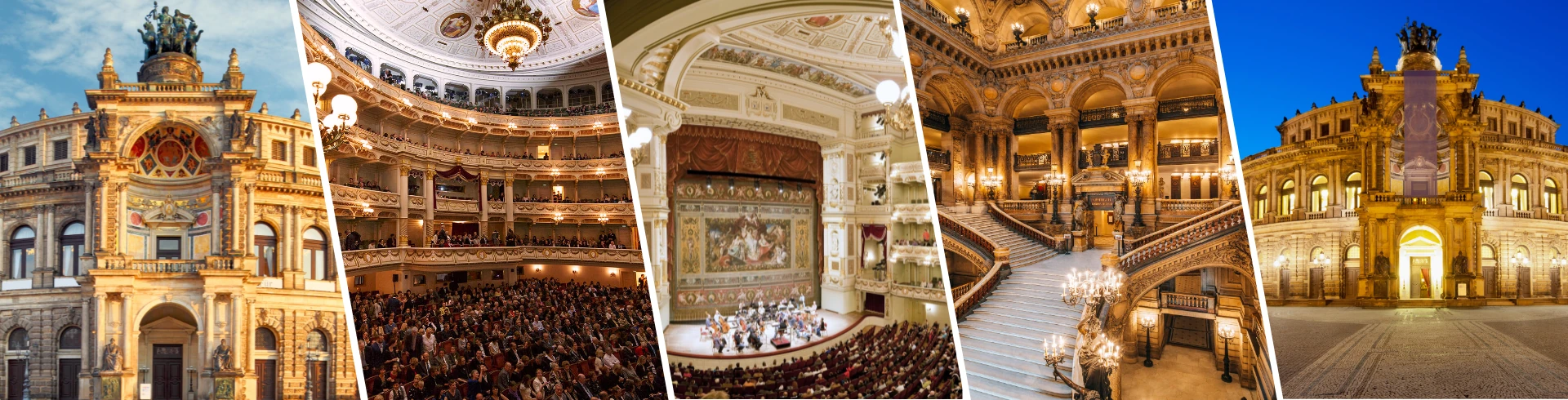 Verschiedene Ansichten der Semper Oper in Dresden mit prächtiger Fassade, prunkvollem Zuschauerraum, detailreicher Decke, eleganter Treppe und beleuchtetem Außenbereich bei Nacht