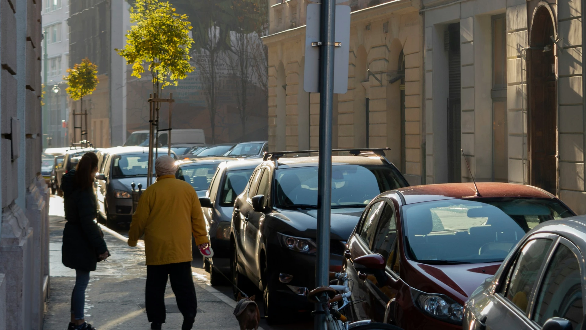 Städtereise Budapest Stadtviertel Erzsebetvaros - Parkende Autos am Straßenrand bei sonnigem Wetter