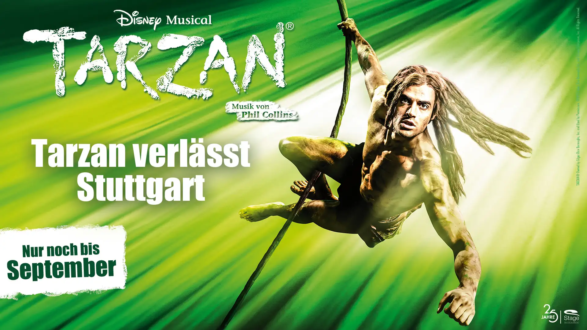 Disney Musical Tarzan - Key Visual (Bye Bye Version) im Querformat: Tarzan schwingend an der Liane und mit dem Schriftzug 