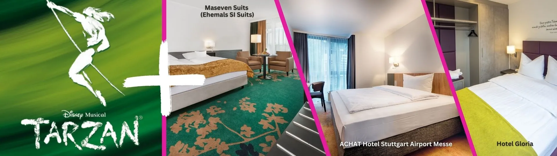 Musical Tarzan + Hotel Motiv. Musical Logo und 3 Bilder verschiedener Hotels, die zur Auswahl stehen