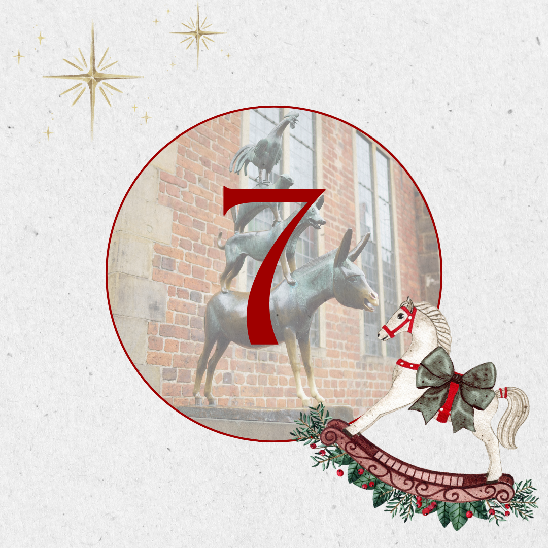 aovo Adventskalender Türchen 7 mit einem Schaukelpferd und Sternen vor einem hellen Hintergrund