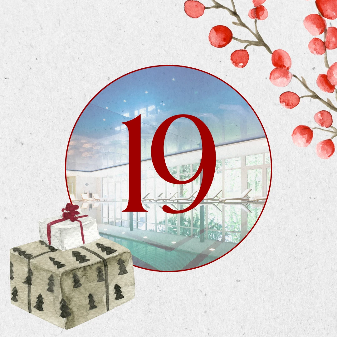 aovo Adventskalender 2024 - Türchen 19 offen rote Zahl mit Geschenken und roten Beerenzweigen auf hellem Hintergrund.