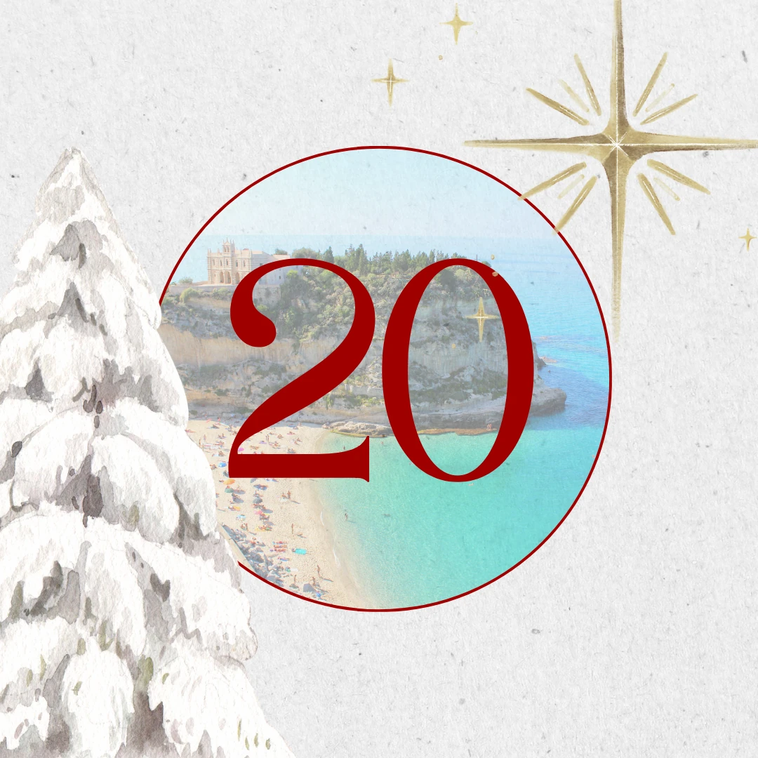 aovo Adventskalender 2024 - Türchen 20 offen rote Zahl mit verschneitem Tannenbaum und goldenem Stern auf hellem Hintergrund.